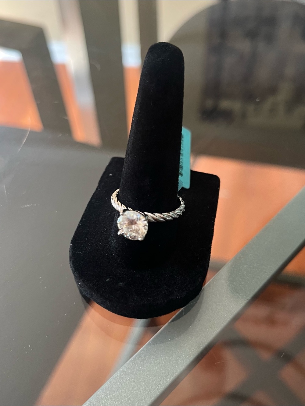 Twisted Silver Band Solitaire Ring with Clear Stone